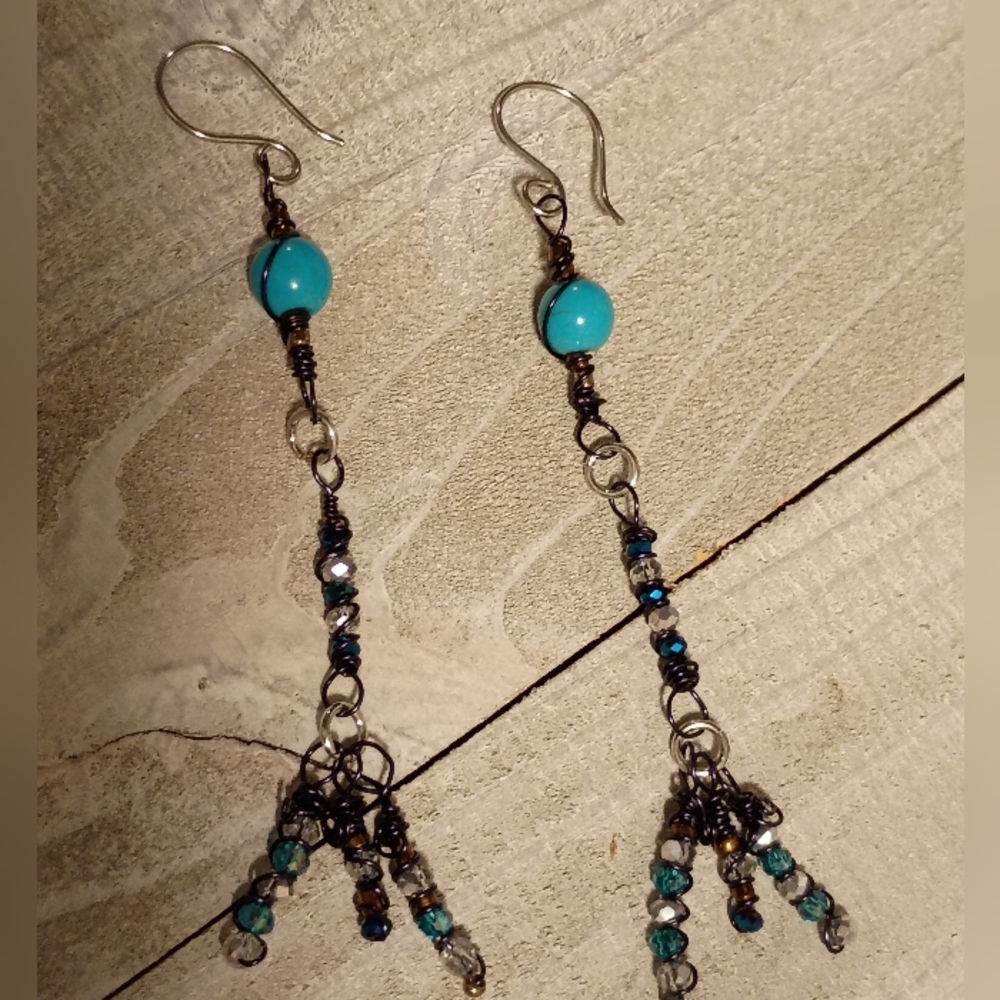 Turquoise And Crystal Wire Wrapped Earrings